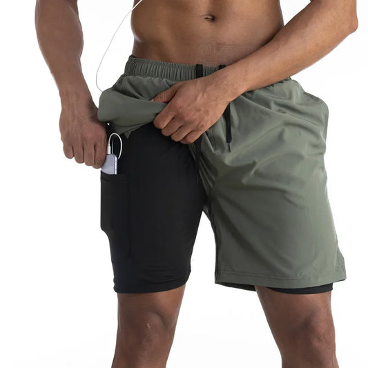 2-in1 Shorts | Taschen | Workout | Laufshorts | Herrenshorts-Armeegrün-S-Chaps Herrenmode