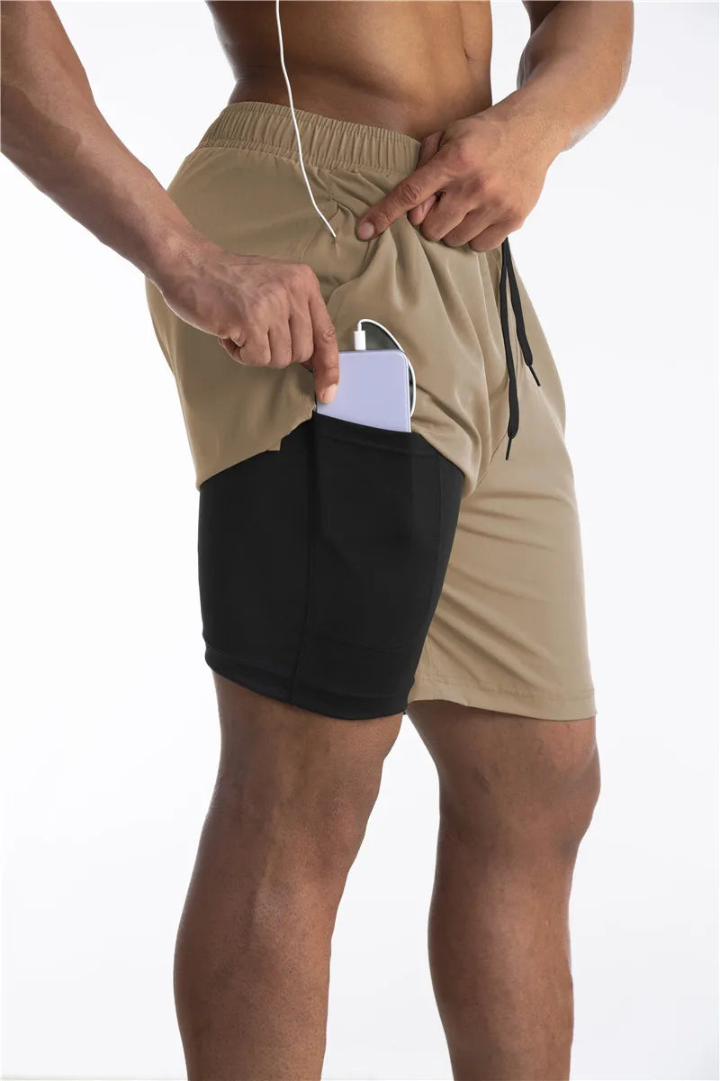 2-in1 Shorts | Taschen | Workout | Laufshorts | Herrenshorts-Khaki-S-Chaps Herrenmode