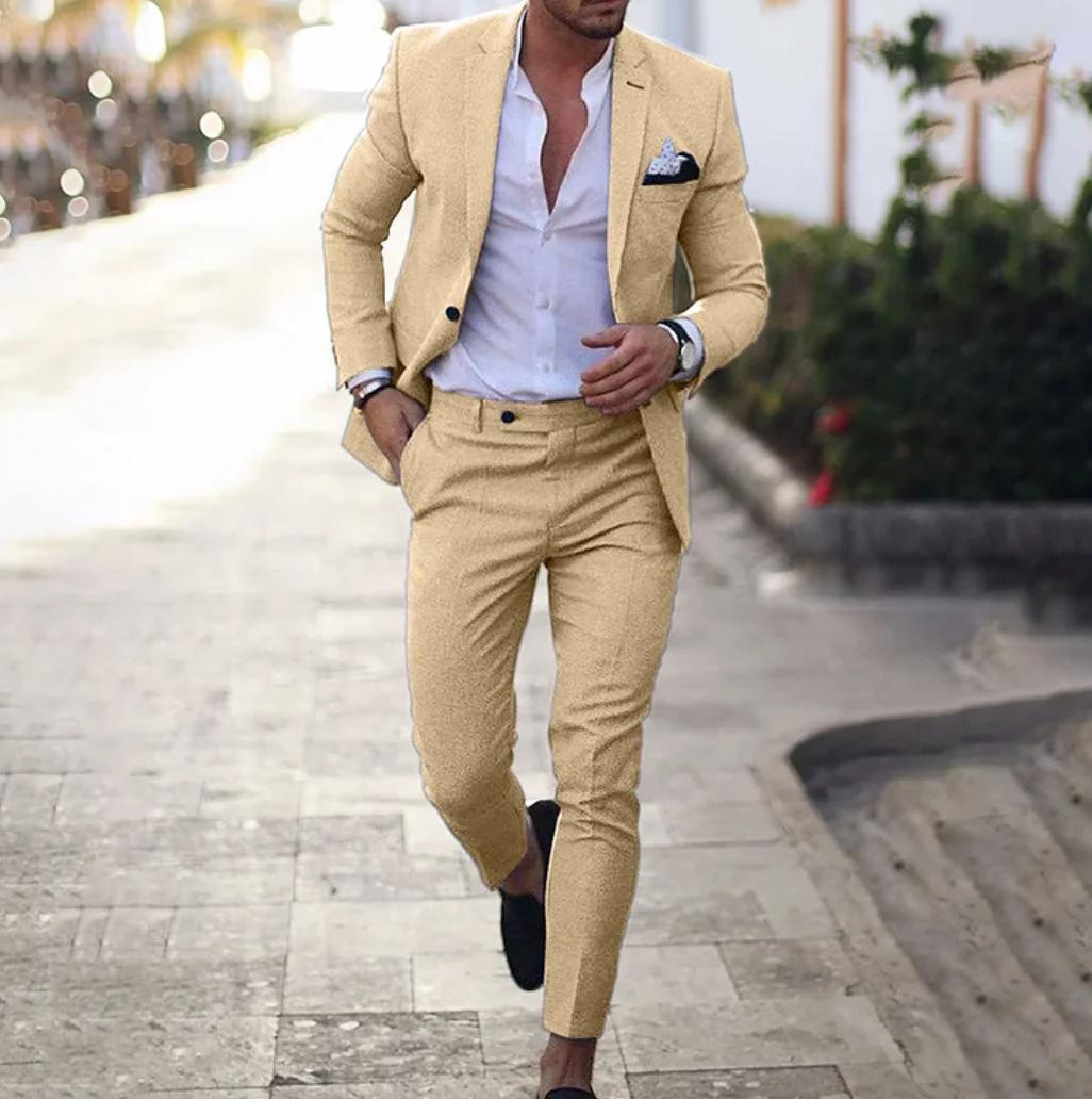 Anzug - Zweiteilig - Maßgeschneidert - Herren Blazer - Anzughose-Khaki-S-Chaps Herrenmode