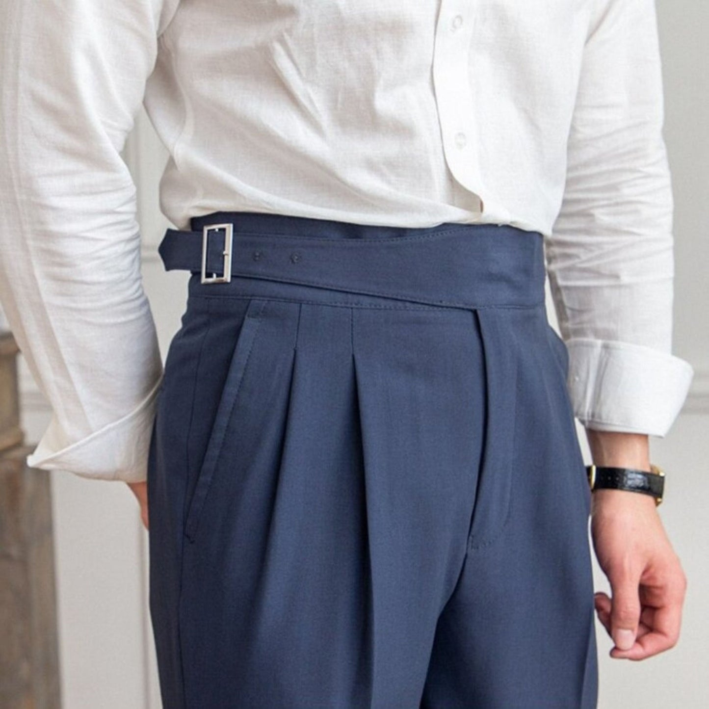 Anzughose - Verstellbar - Hohe Taille - Bundfaltenhose - Herrenhosen-Blau-28-Chaps Herrenmode