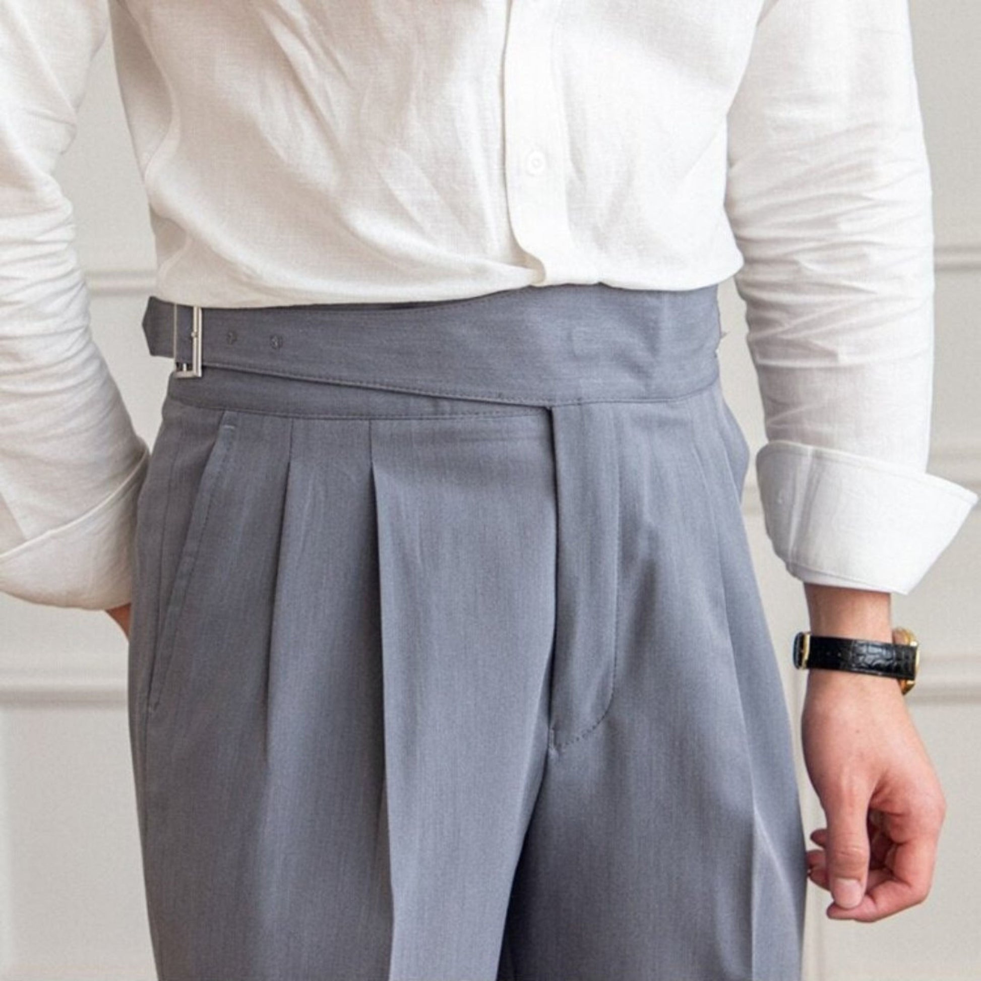 Anzughose - Verstellbar - Hohe Taille - Bundfaltenhose - Herrenhosen-Grau-28-Chaps Herrenmode