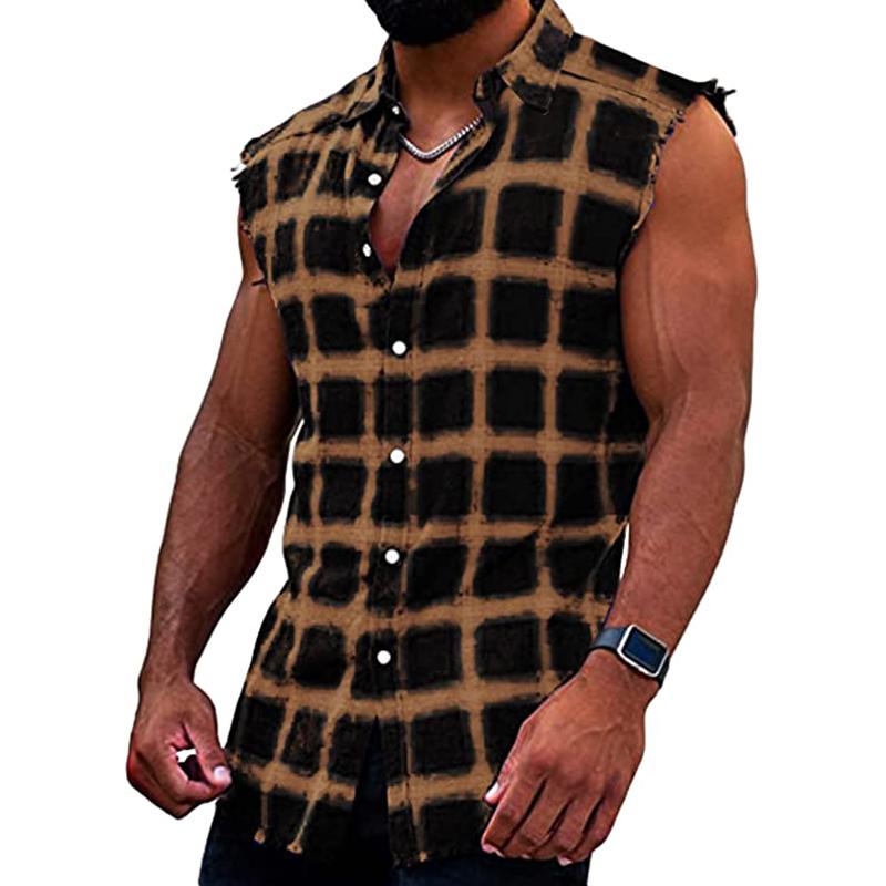 Ärmelloses Hemd - Casual - Kariert - Hemd zum Knöpfen - Herrenbekleidung-Gelb-S-Chaps Herrenmode
