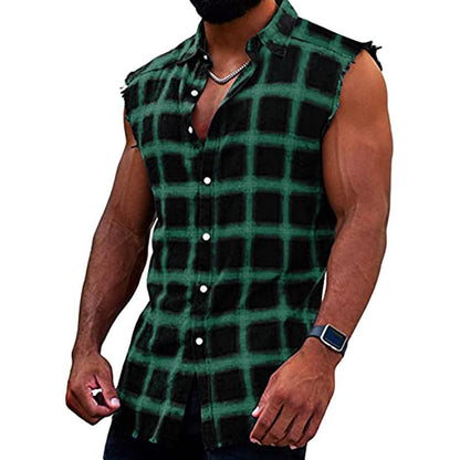 Ärmelloses Hemd - Casual - Kariert - Hemd zum Knöpfen - Herrenbekleidung-Grün-S-Chaps Herrenmode