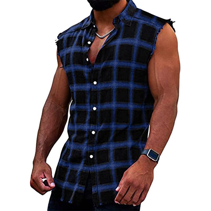 Ärmelloses Hemd - Casual - Kariert - Hemd zum Knöpfen - Herrenbekleidung-Marineblau-S-Chaps Herrenmode
