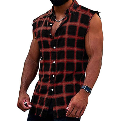 Ärmelloses Hemd - Casual - Kariert - Hemd zum Knöpfen - Herrenbekleidung-Rot-S-Chaps Herrenmode