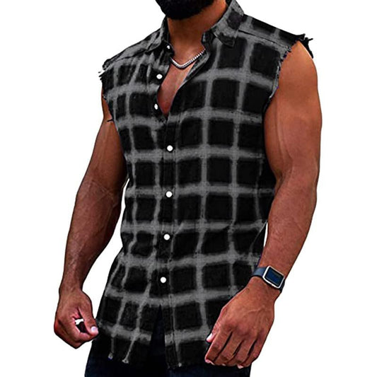 Ärmelloses Hemd - Casual - Kariert - Hemd zum Knöpfen - Herrenbekleidung-Schwarz-S-Chaps Herrenmode