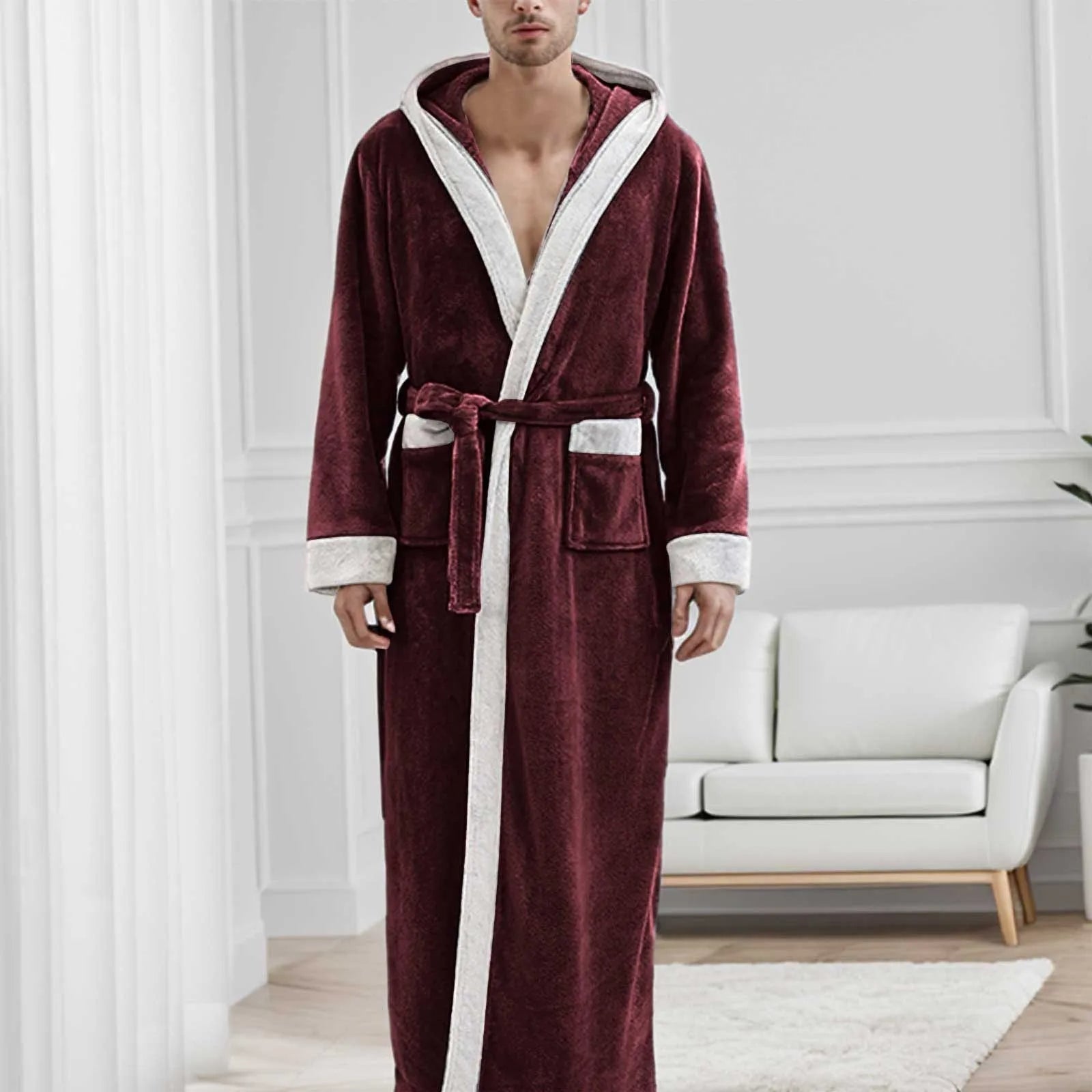Bademantel mit Kapuze - Winter - Langer Bademantel - Bademantel für Männer-Bordeaux-M-Chaps Herrenmode