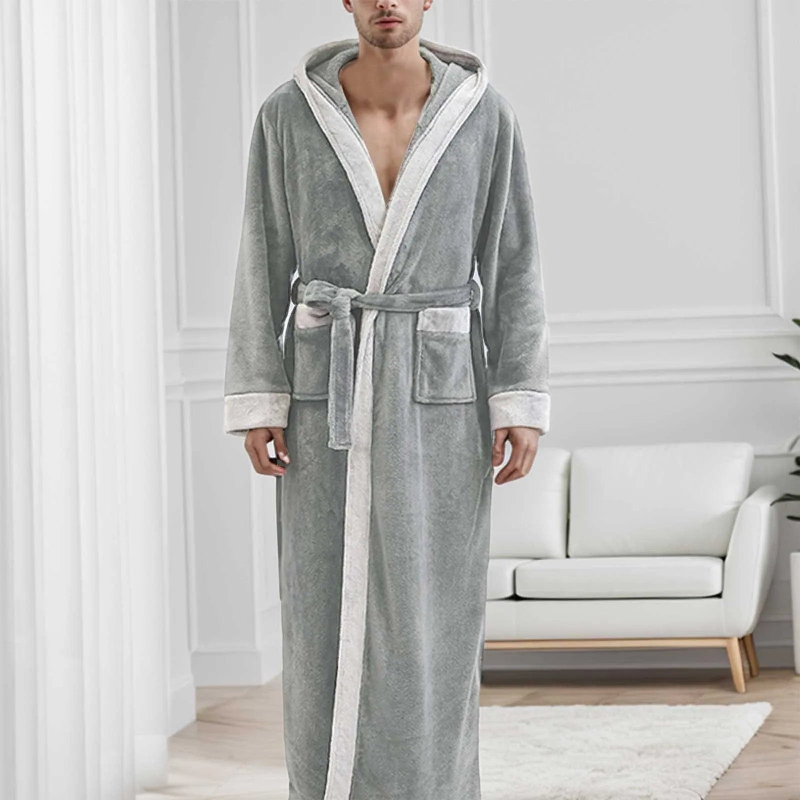 Bademantel mit Kapuze - Winter - Langer Bademantel - Bademantel für Männer-Dunkelgrau-M-Chaps Herrenmode