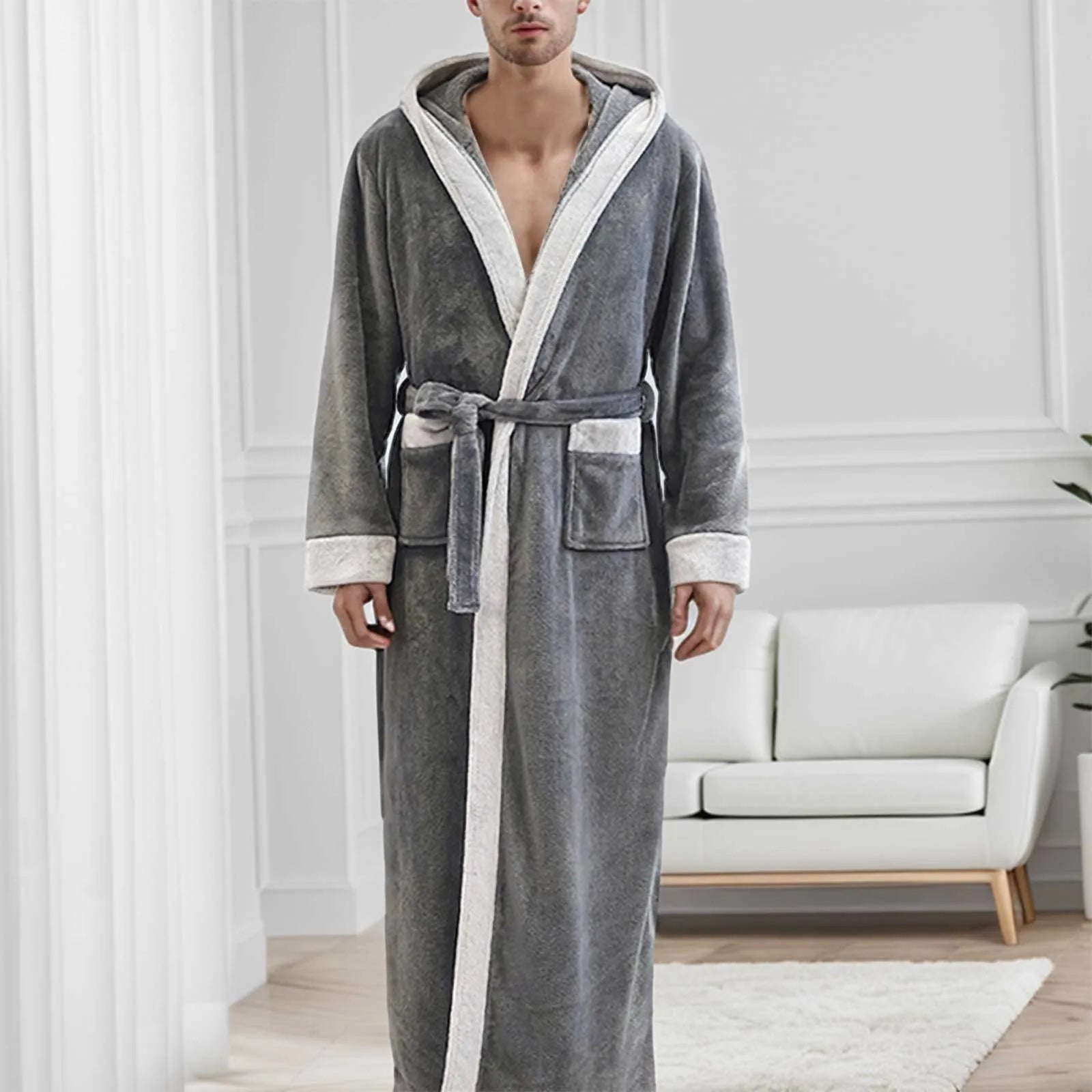 Bademantel mit Kapuze - Winter - Langer Bademantel - Bademantel für Männer-Grau-M-Chaps Herrenmode