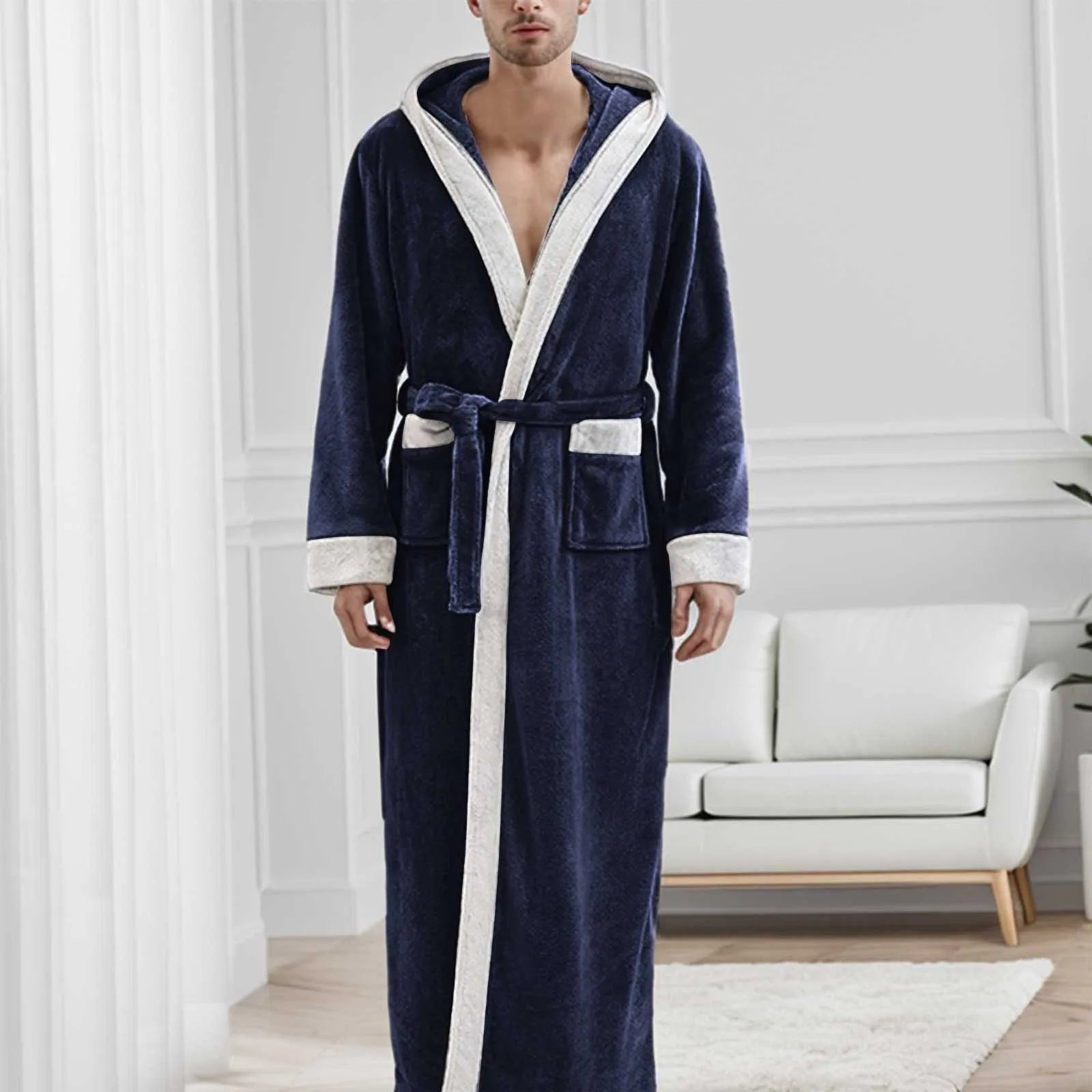 Bademantel mit Kapuze - Winter - Langer Bademantel - Bademantel für Männer-Marineblau-M-Chaps Herrenmode
