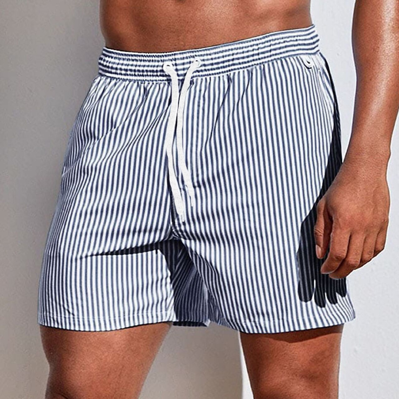 Badeshorts | Gestreift | Elastische Taille | Badehose | Herren Strandshorts-Grau-S-Chaps Herrenmode