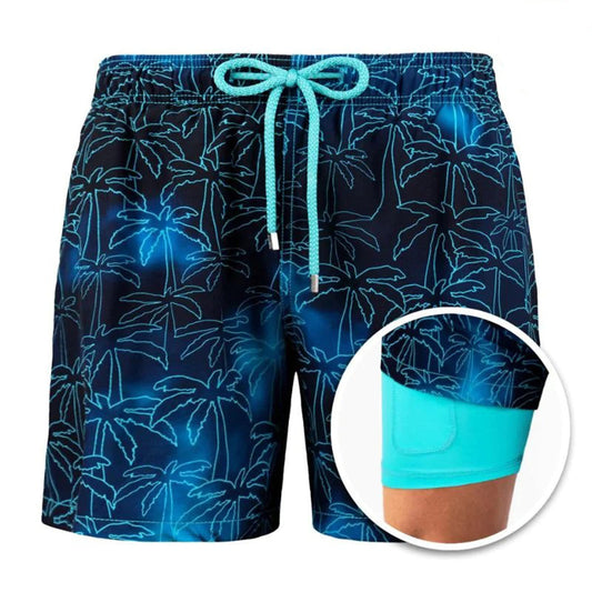 Badeshorts – Kordelzug – 2-in-1 – Boardshorts – Bademode für Männer-Blue Palm-S-Chaps Herrenmode