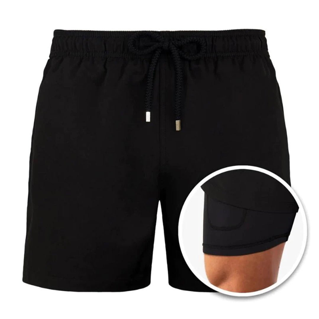 Badeshorts – Kordelzug – 2-in-1 – Boardshorts – Bademode für Männer-Schwarz-S-Chaps Herrenmode