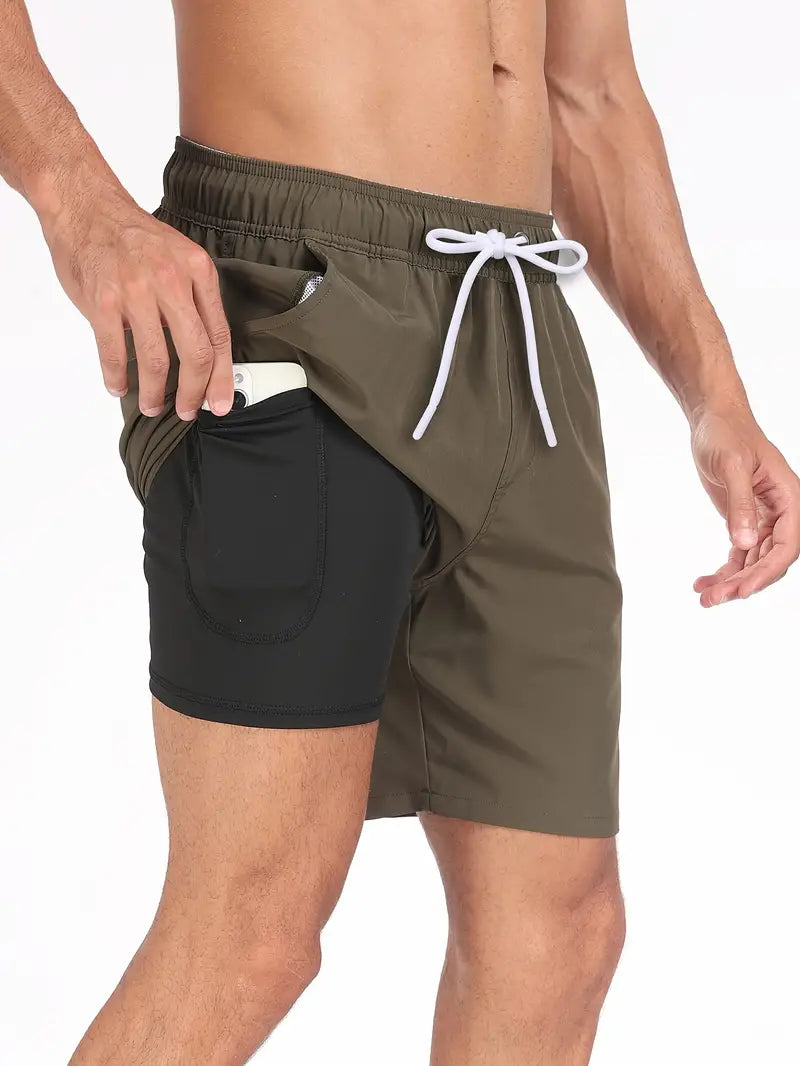 Badeshorts - Men's Drawstring Quick Dry 2-in-1 Board Shorts-Armeegrün-S-Chaps Herrenmode