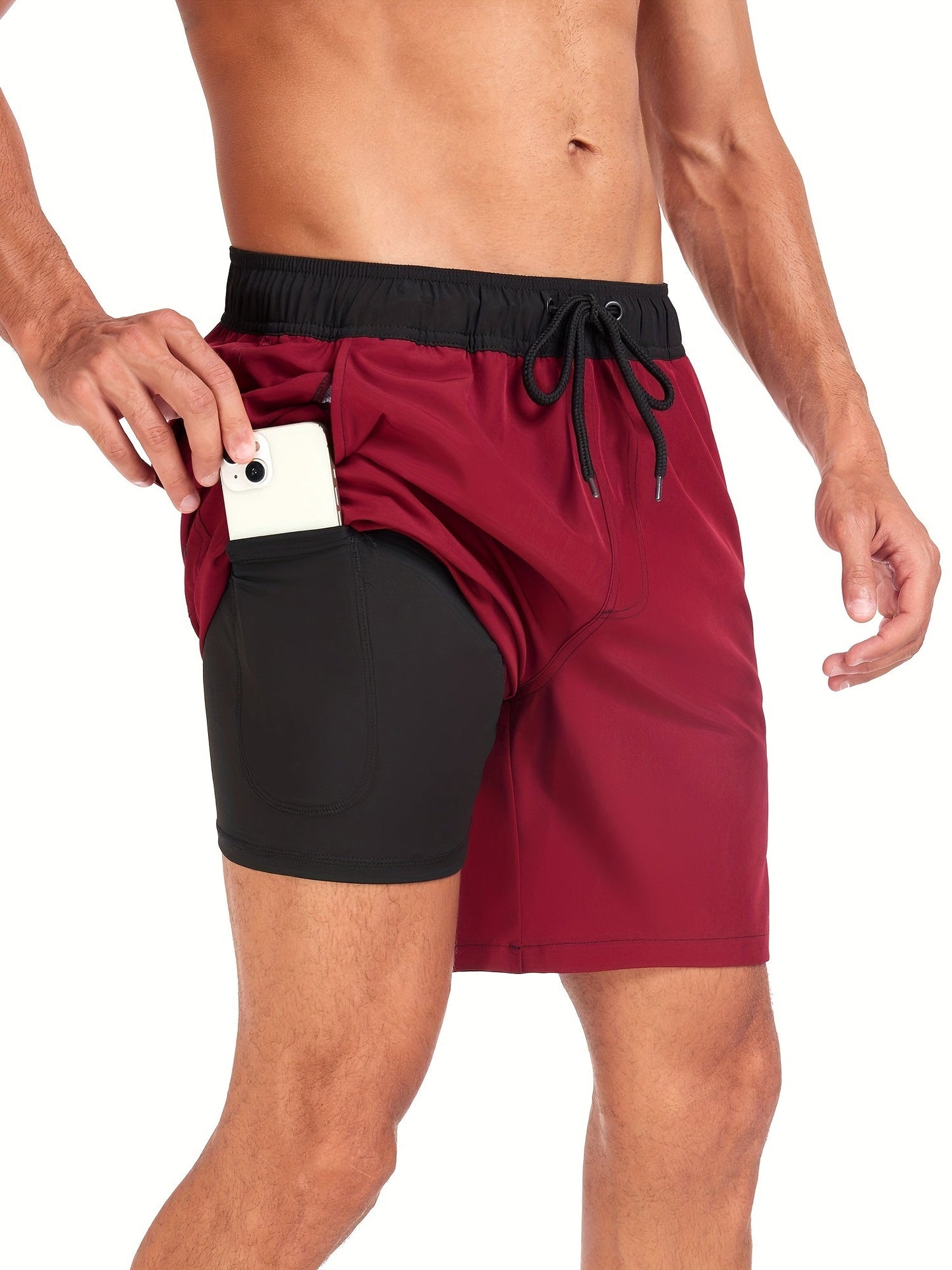 Badeshorts - Men's Drawstring Quick Dry 2-in-1 Board Shorts-Burgundisch-S-Chaps Herrenmode