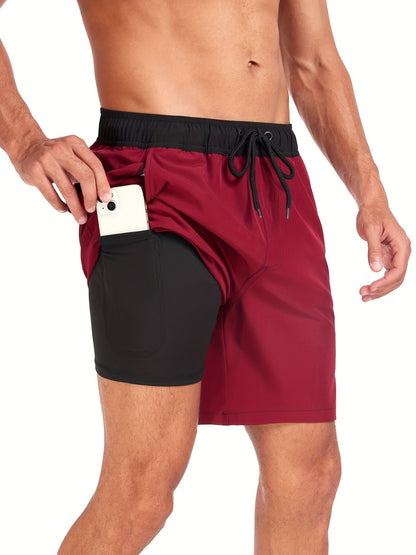 Badeshorts - Men's Drawstring Quick Dry 2-in-1 Board Shorts-Burgundisch-S-Chaps Herrenmode