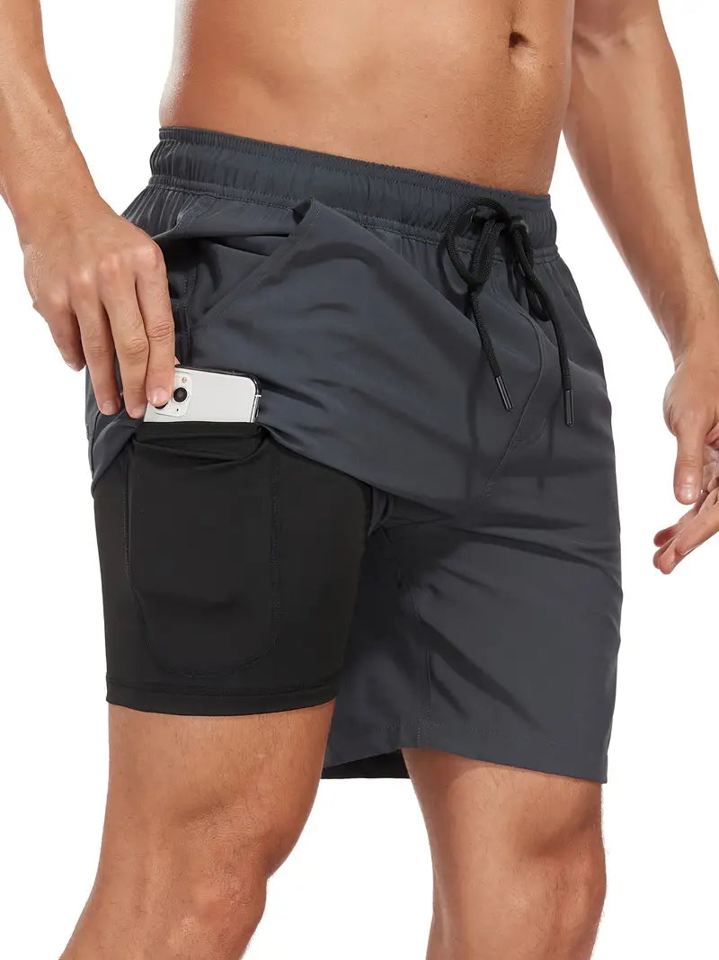 Badeshorts - Men's Drawstring Quick Dry 2-in-1 Board Shorts-Dunkelgrau-S-Chaps Herrenmode