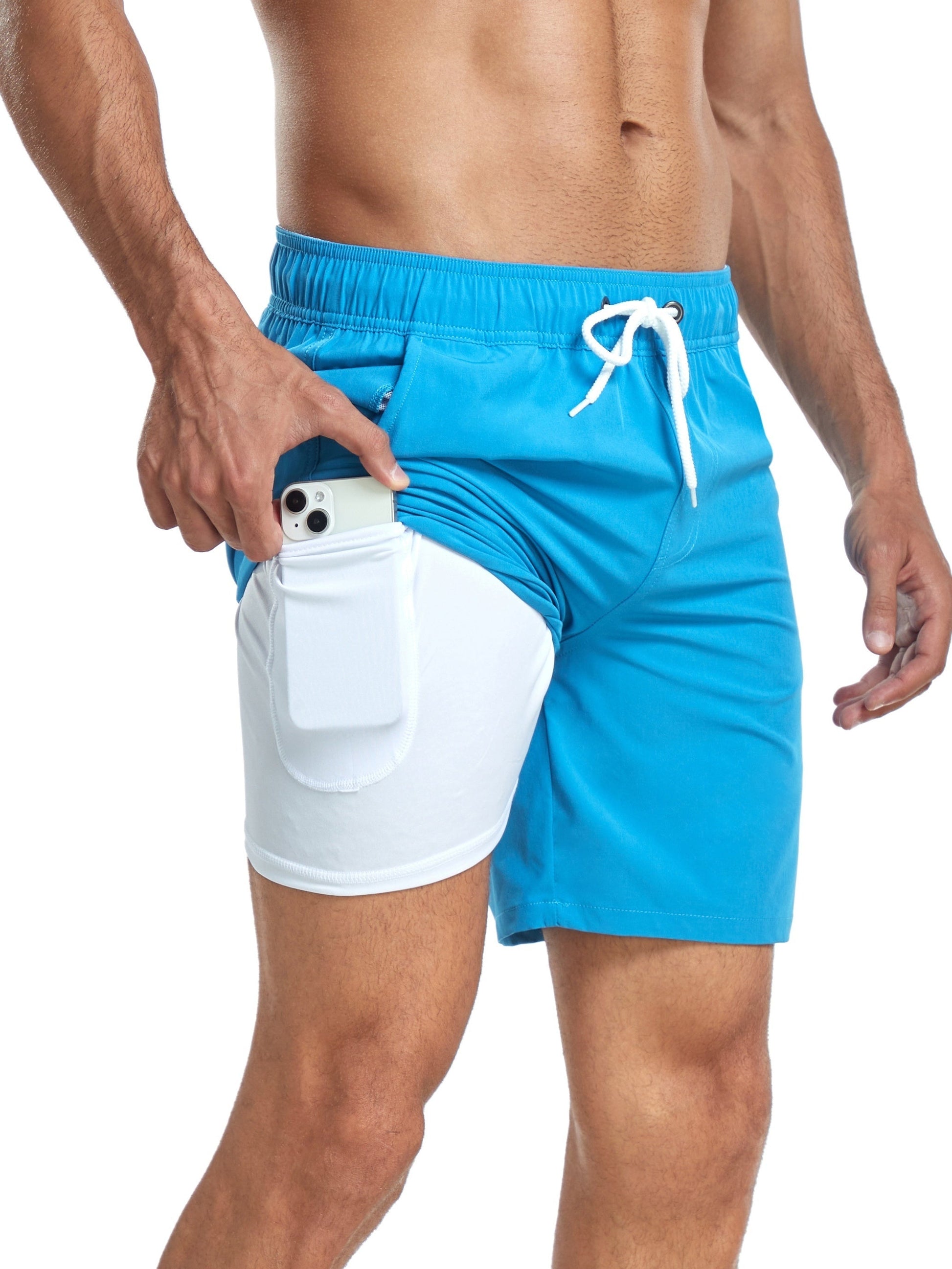 Badeshorts - Men's Drawstring Quick Dry 2-in-1 Board Shorts-Hellblau-S-Chaps Herrenmode