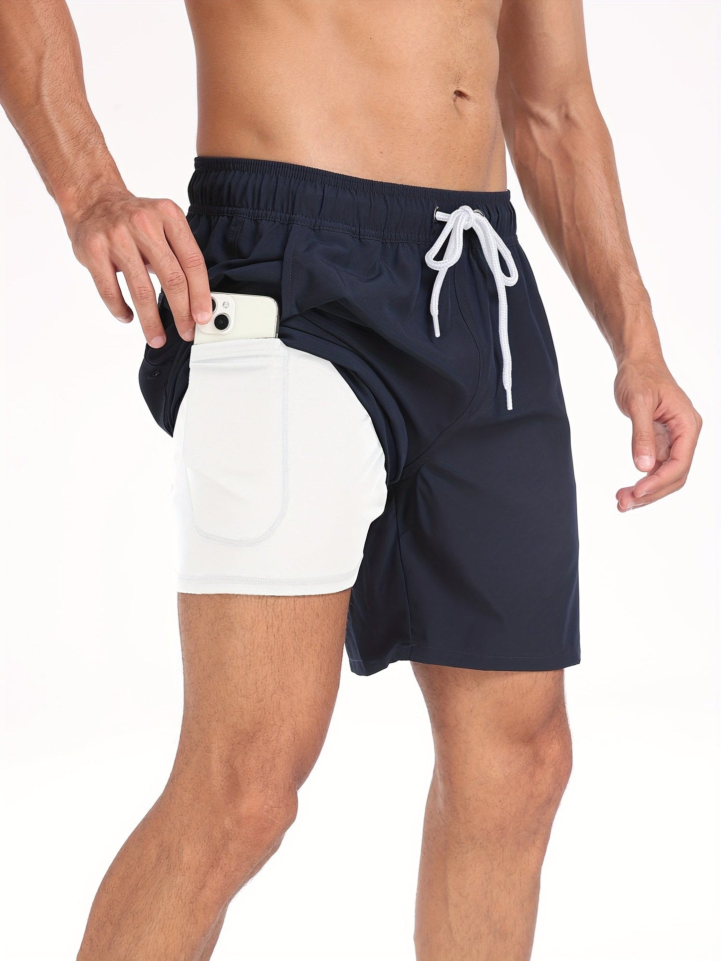 Badeshorts - Men's Drawstring Quick Dry 2-in-1 Board Shorts-Marineblau-S-Chaps Herrenmode