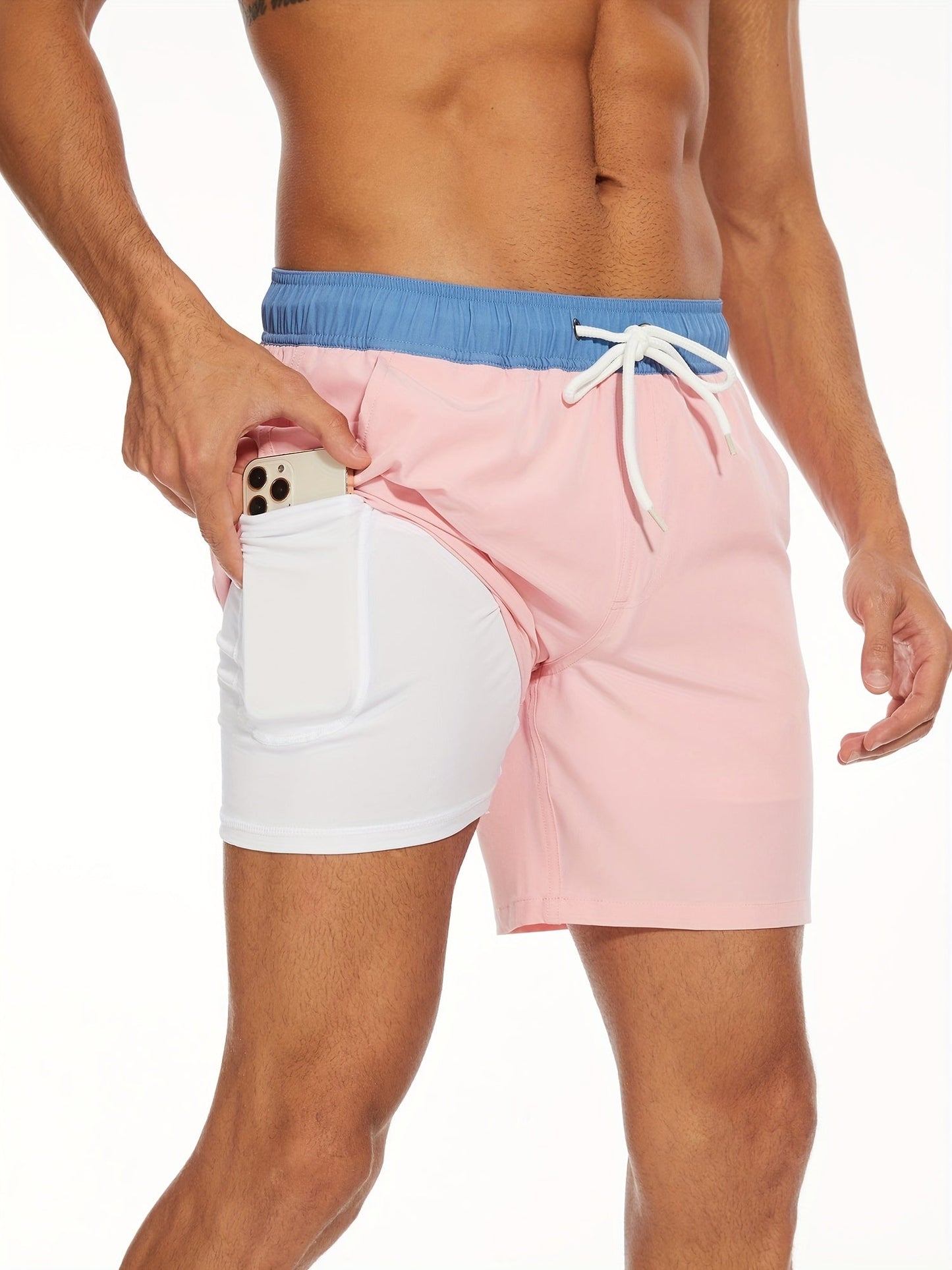 Badeshorts - Men's Drawstring Quick Dry 2-in-1 Board Shorts-Rosa-S-Chaps Herrenmode
