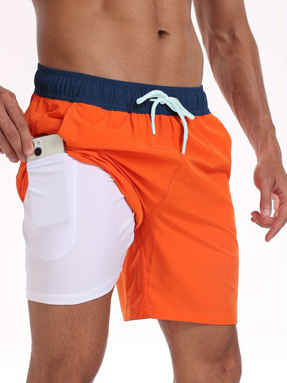Badeshorts - Men's Drawstring Quick Dry 2-in-1 Board Shorts-Rot Orange-S-Chaps Herrenmode