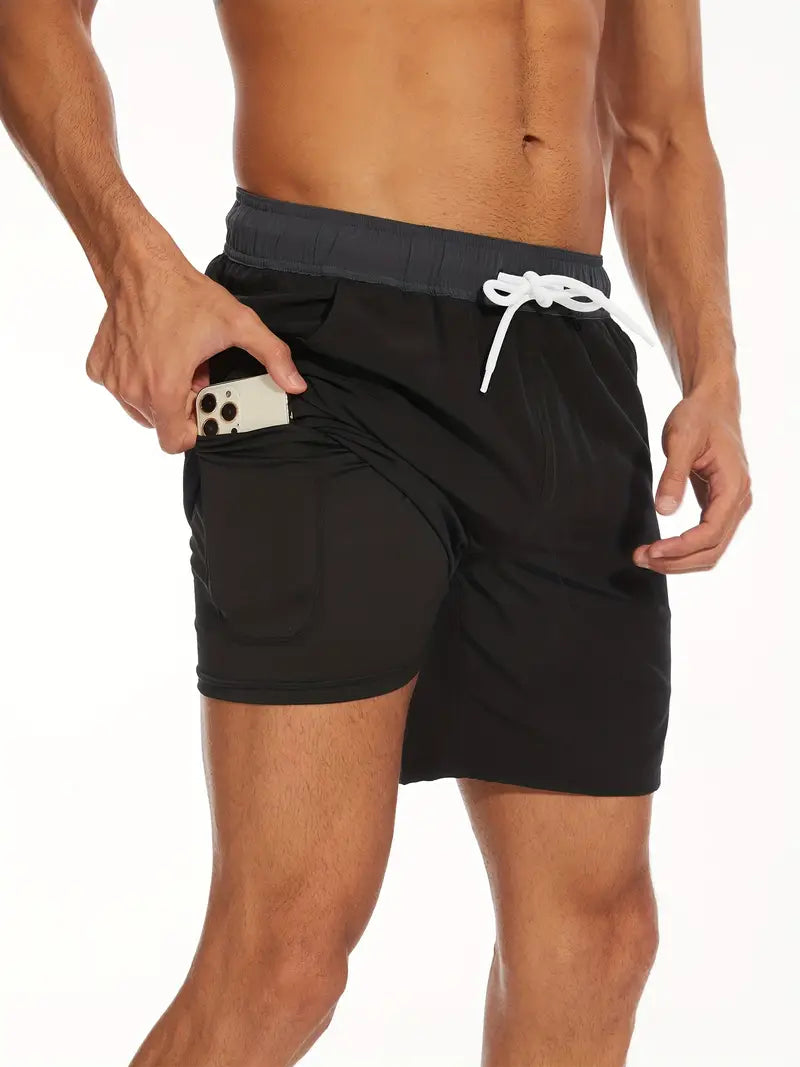 Badeshorts - Men's Drawstring Quick Dry 2-in-1 Board Shorts-Schwarz-S-Chaps Herrenmode