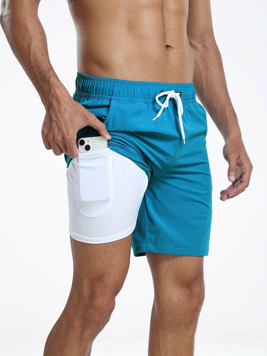 Badeshorts - Men's Drawstring Quick Dry 2-in-1 Board Shorts-Zee Blauw-S-Chaps Herrenmode