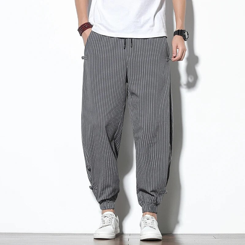 Baggy Pants | Gestreift | Drawstring | Jogger | Herrenhosen-Grau-S-Chaps Herrenmode