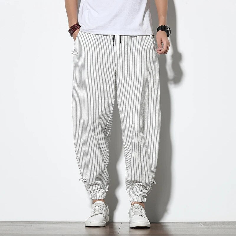 Baggy Pants | Gestreift | Drawstring | Jogger | Herrenhosen-Weiß-S-Chaps Herrenmode