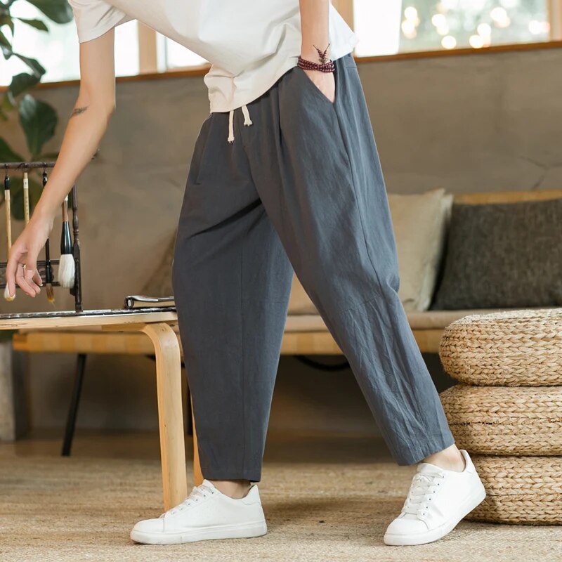 Baggy Pants – Kordelzug – Locker sitzend – Leinenhose – Herrenhose-Dunkelgrau-M-Chaps Herrenmode