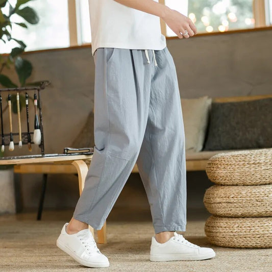 Baggy Pants – Kordelzug – Locker sitzend – Leinenhose – Herrenhose-Grau-M-Chaps Herrenmode