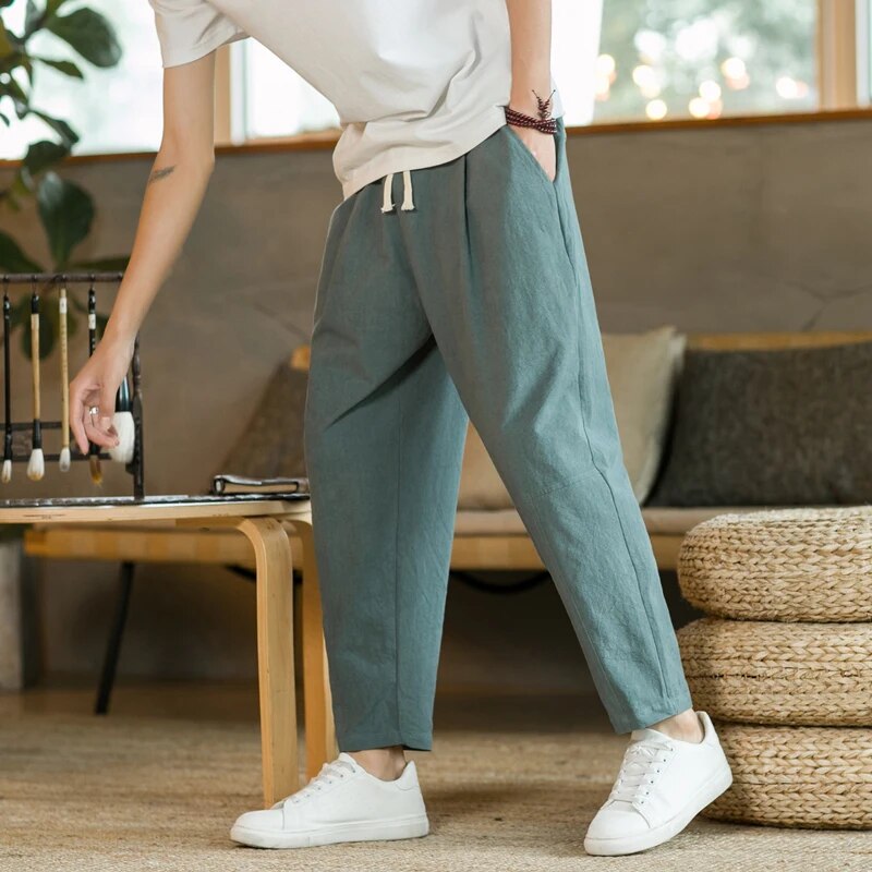 Baggy Pants – Kordelzug – Locker sitzend – Leinenhose – Herrenhose-Grün-M-Chaps Herrenmode