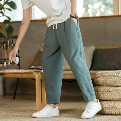 Baggy Pants – Kordelzug – Locker sitzend – Leinenhose – Herrenhose-Grün-M-Chaps Herrenmode
