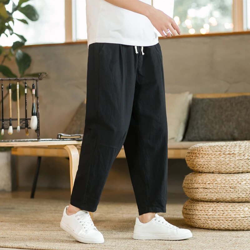 Baggy Pants – Kordelzug – Locker sitzend – Leinenhose – Herrenhose-Schwarz-M-Chaps Herrenmode