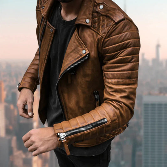 Bikerjacke | Herren-Motorradjacke aus Leder mit Reißverschluss und normaler Passform-Khaki-S-Chaps Herrenmode