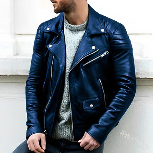 Bikerjacke | Kunstleder | Reißverschluss | Kunstlederjacke | Herrenlederjacke-Blau-S-Chaps Herrenmode