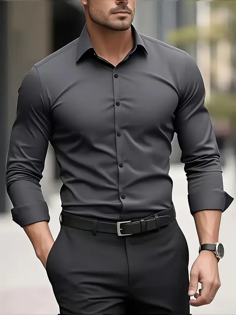 Bügelfreies Hemd | Knitterfrei | Slim Fit | Button-Up Hemd | Herrenhemden-Dunkelgrau-XS-Chaps Herrenmode