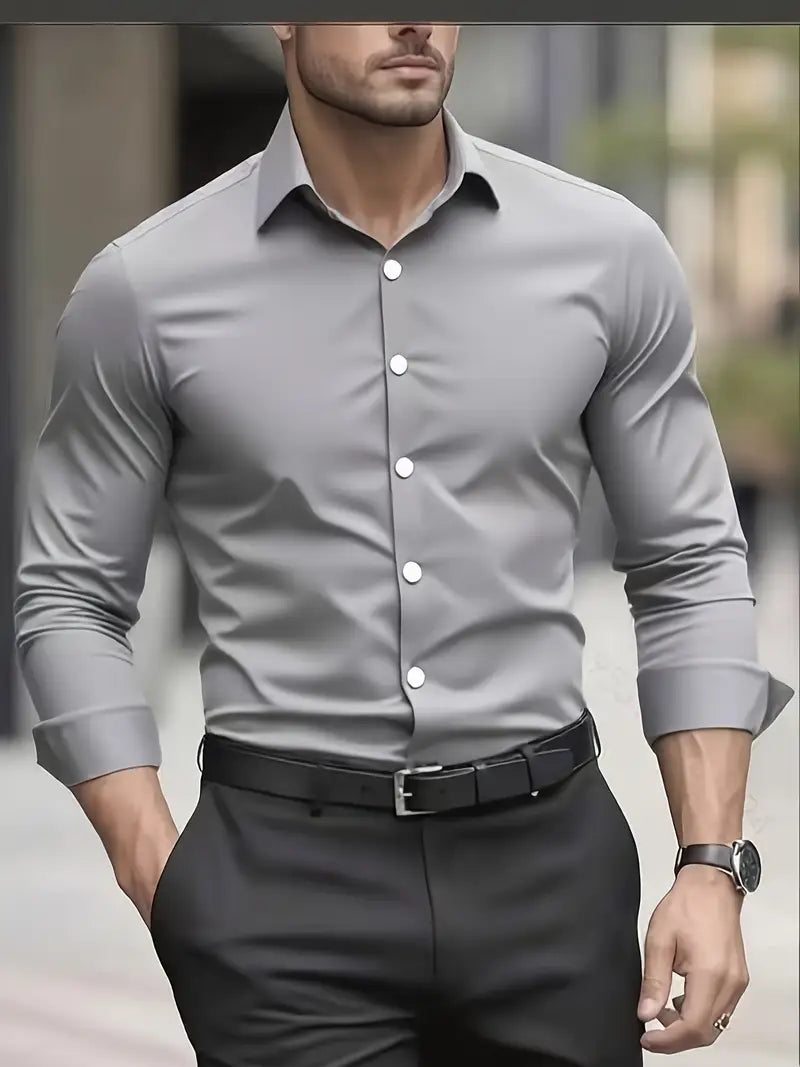 Bügelfreies Hemd | Knitterfrei | Slim Fit | Button-Up Hemd | Herrenhemden-Grau-XS-Chaps Herrenmode