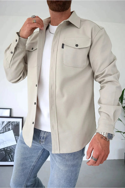 Button-Up Hemd - Brusttaschen - Langarm - Überhemd - Herrenhemd-Beige-XS-Chaps Herrenmode