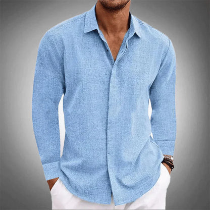 Button-Up-Hemd – Langärmliges Herrenhemd aus Baumwolle und Leinen mit Kragen-Blau-XS-Chaps Herrenmode