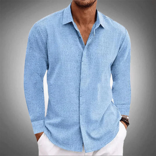 Button-Up-Hemd – Langärmliges Herrenhemd aus Baumwolle und Leinen mit Kragen-Blau-XS-Chaps Herrenmode