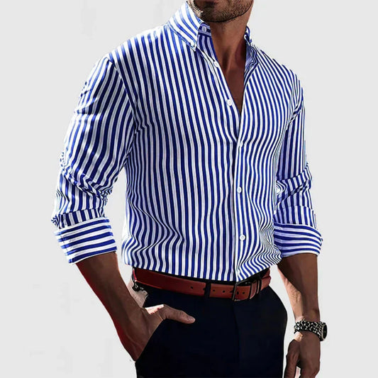 Button-Up-Hemd – Langärmliges Herrenhemd mit Kragen und Streifenmuster-Blau-S-Chaps Herrenmode