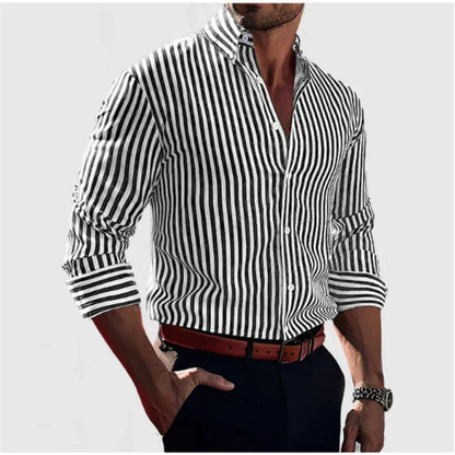 Button-Up-Hemd – Langärmliges Herrenhemd mit Kragen und Streifenmuster-Schwarz-S-Chaps Herrenmode