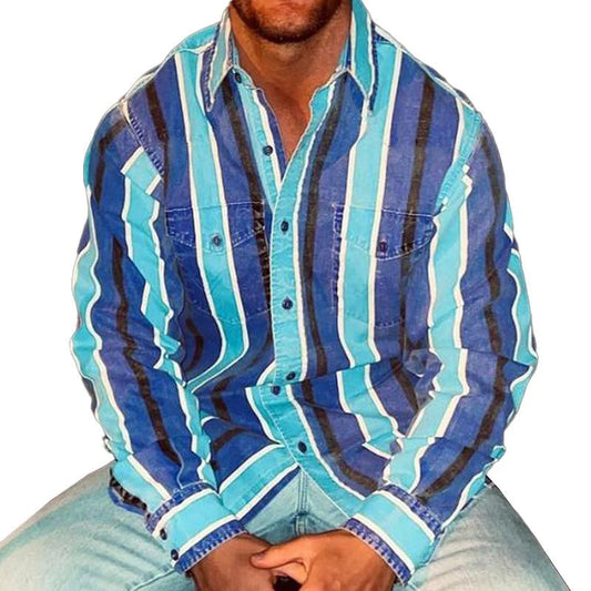 Button-Up-Hemd | Retro | Gestreift | Polohemd | Herrenhemden-Marineblau-M-Chaps Herrenmode