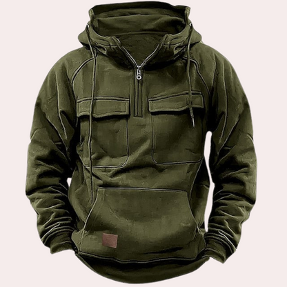 Cargo Hoodie - Halber Reißverschluss - Taschen - Pullover Hoodie - Herren Hoodie-Dunkelgrün-S-Chaps Herrenmode