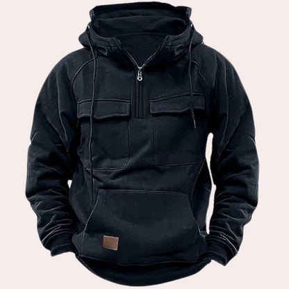 Cargo Hoodie - Halber Reißverschluss - Taschen - Pullover Hoodie - Herren Hoodie-Schwarz-S-Chaps Herrenmode