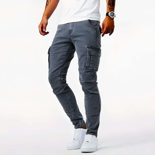 Cargo-Jeans – Schmaler Schnitt – Skinny – Cargohosen – Herrenjeans-Grau-29-Chaps Herrenmode