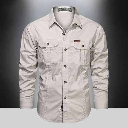 Cargo-Shirt – Langärmliges Herrenhemd mit Knöpfen und Taschen-Beige-M-Chaps Herrenmode