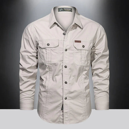 Cargo-Shirt – Langärmliges Herrenhemd mit Knöpfen und Taschen-Beige-M-Chaps Herrenmode
