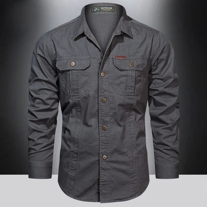 Cargo-Shirt – Langärmliges Herrenhemd mit Knöpfen und Taschen-Dunkelgrau-M-Chaps Herrenmode